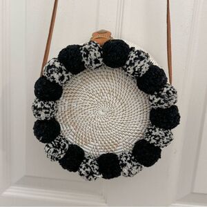 Cleobella Williamsburg Cantina Pom Pom Crossbody Bag Black and White Woven Boho